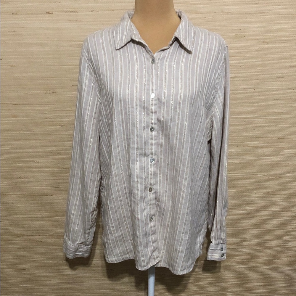 Jones New York Beige Striped Button Down Shirt